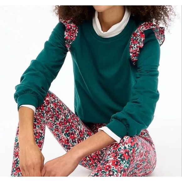 J. Crew Women’s Small Floral Ruffle Sleeve Sweater Green Crewneck Cottage - Picture 2 of 10